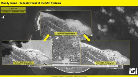 The images provided by ISI show missile launchers on Woody Island on May 20 and June 8.