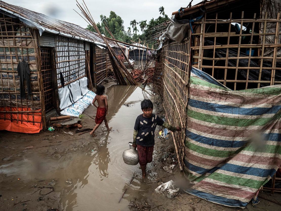 Unicef photos show damage to the homes of Rohingya refugees in a camp near Cox's Bazaar, Bangladesh. 