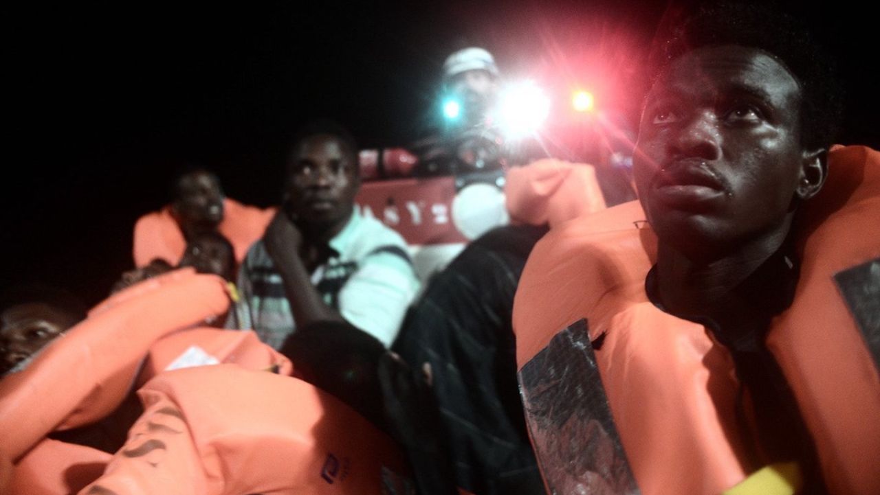 Rescue boat carrying migrants from off the coast of Libya.