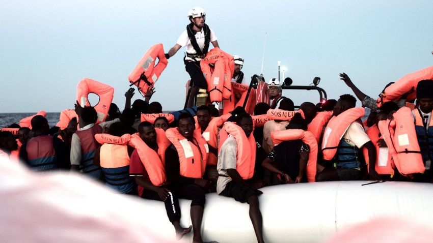 Rescue boat carrying migrants from off the coast of Libya.