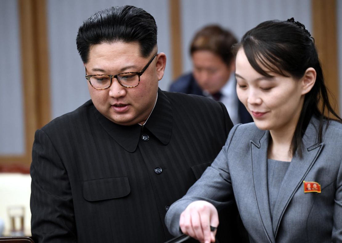 North Koraen leader Kim Jong Un and his sister Kim Yo Jong attend the Inter-Korean Summit in 2018 in this file photograph