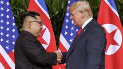 U.S. President Donald Trump shakes hands with North Korea leader Kim Jong Un at the Capella resort on Sentosa Island Tuesday, June 12, 2018 in Singapore. (AP Photo/Evan Vucci)