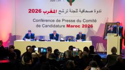 Fouzi Lekjaa (L), President of the Royal Moroccan Football Federation (FRMF), Moulay Hafid Elalamy (C), chairman of the Moroccan Committee bidding for the 2026 World Cup, and Moroccan Youth and Sport Minister Rachid Talbi Alami (2nd-R) give a press conference in Casablanca on January 23, 2018, presenting their country's pitch to host the 2026 competition. / AFP PHOTO / FADEL SENNA        (Photo credit should read FADEL SENNA/AFP/Getty Images)