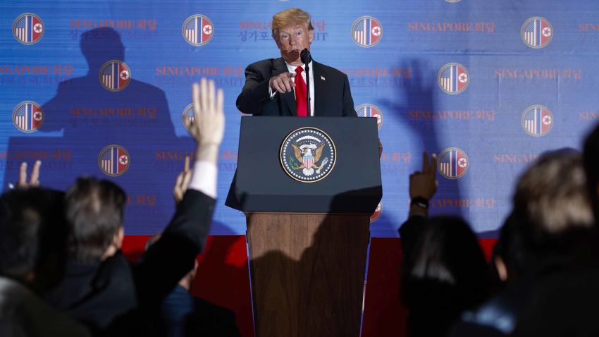 President Donald Trump speaks during a news conference after meeting with North Korean leader Kim Jong Un on Sentosa Island, Tuesday, June 12, 2018, in Singapore. (AP Photo/Evan Vucci)