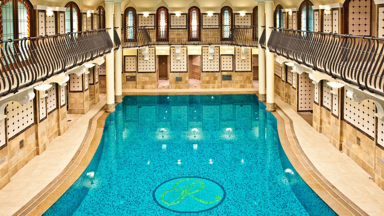 The Royal Spa at the Corinthia Hotel Budapest's galleried 15-meter swimming pool.