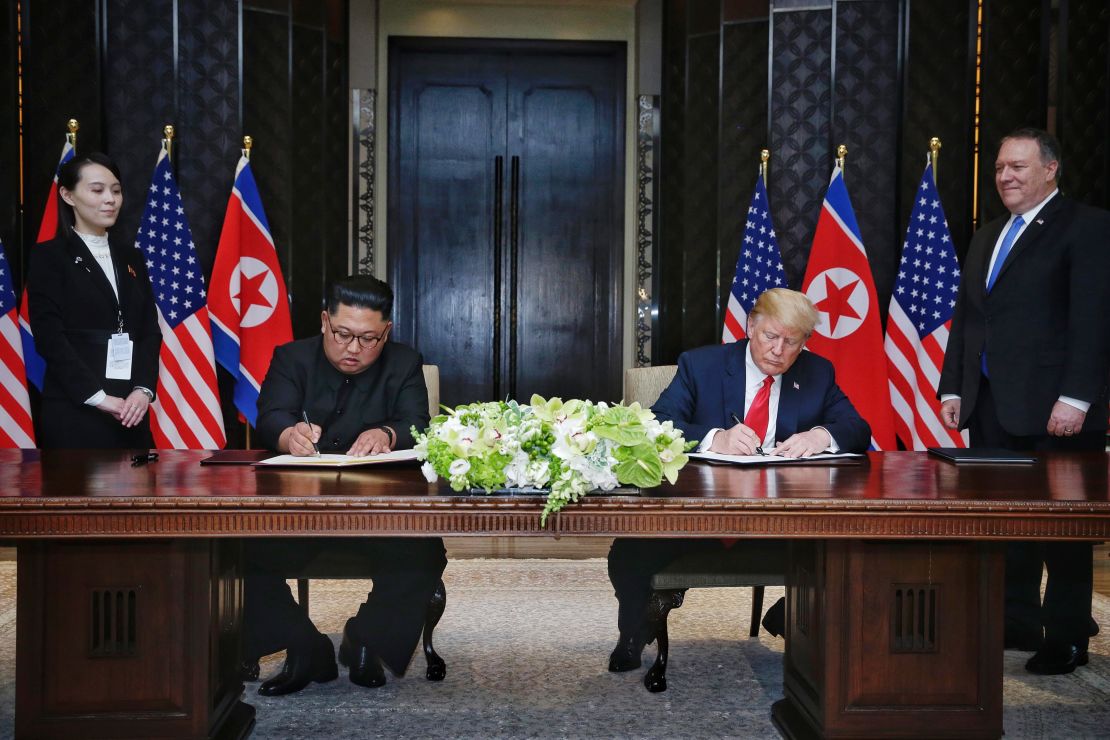 Trump and Kim  during their summit at the Capella Hotel on Sentosa island on June 12 in Singapore.