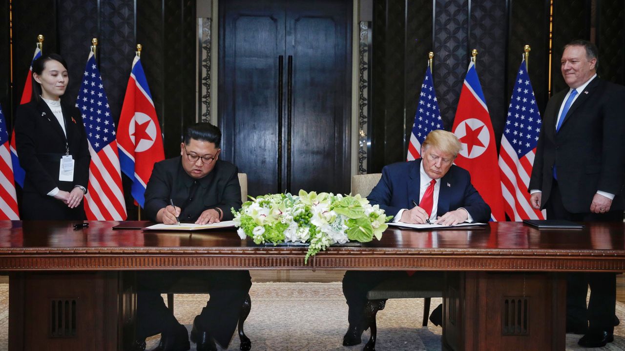 Trump and Kim  during their summit at the Capella Hotel on Sentosa island on June 12 in Singapore.