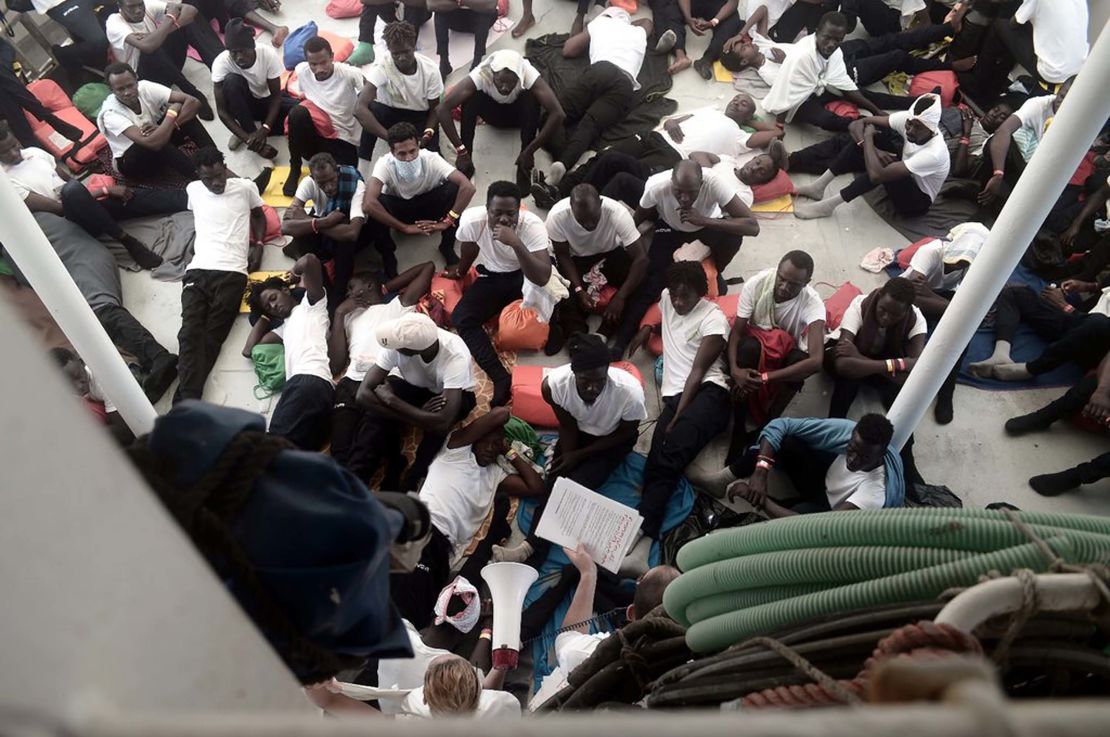 Migrants on board the stranded Aquarius rescue ship.