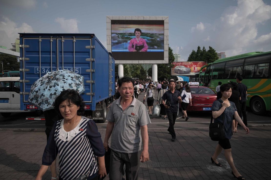 North Korean newsreader Ri Chun Hee, known as the "pink lady," reading a bulletin in Pyongyang on Tuesday. 