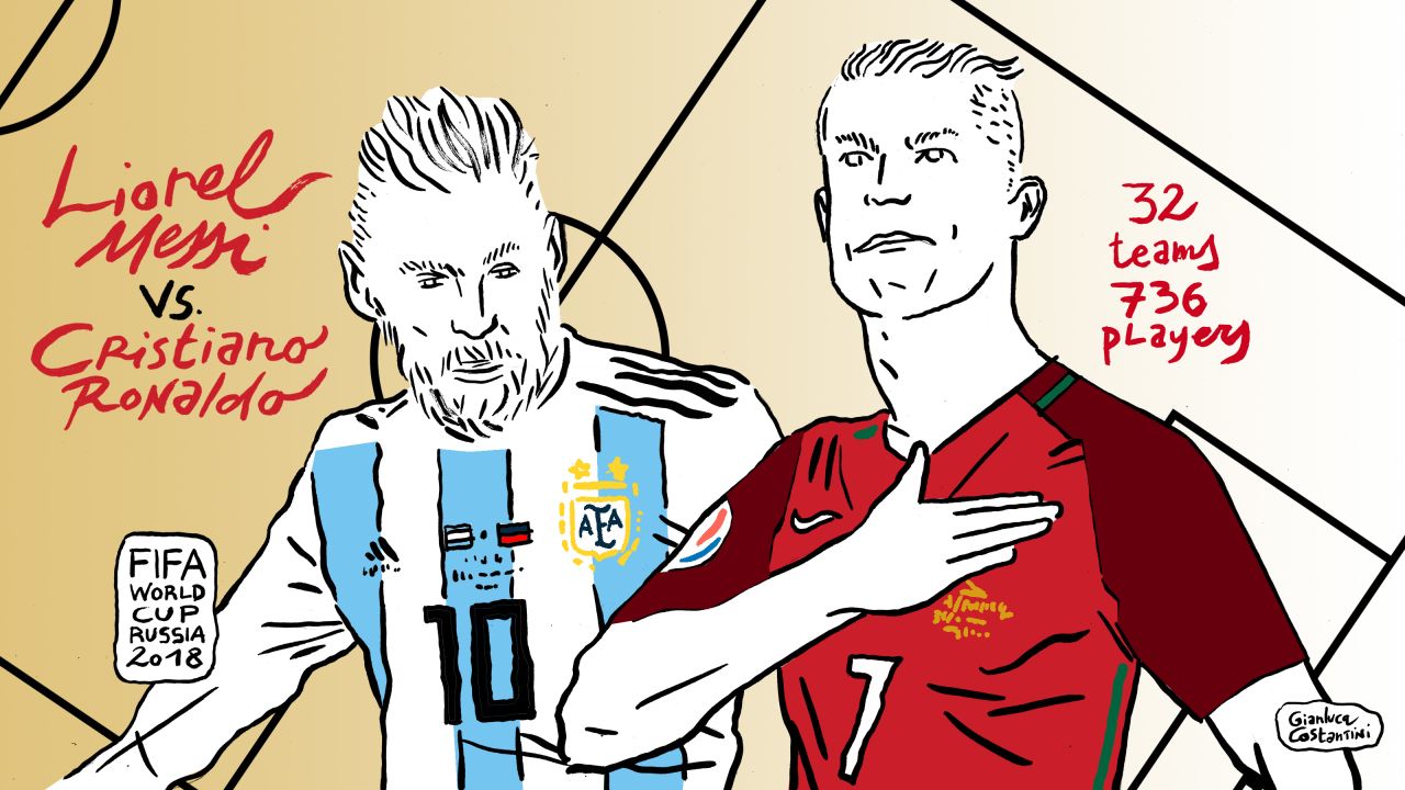 Gianluca Costantini is famous in his native Italy for his satirical drawings. Here he depicts rival superstar footballers Lionel Messi and Cristiano Ronaldo in advance of the Russia 2018 World Cup. Click or scroll for some of his other depictions of the the key moments of the tournament. 