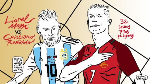 Gianluca Costantini is famous in his native Italy for his satirical drawings. Here he depicts rival superstar footballers Lionel Messi and Cristiano Ronaldo in advance of the Russia 2018 World Cup. Click or scroll for some of his other depictions of the the key moments of the tournament. 