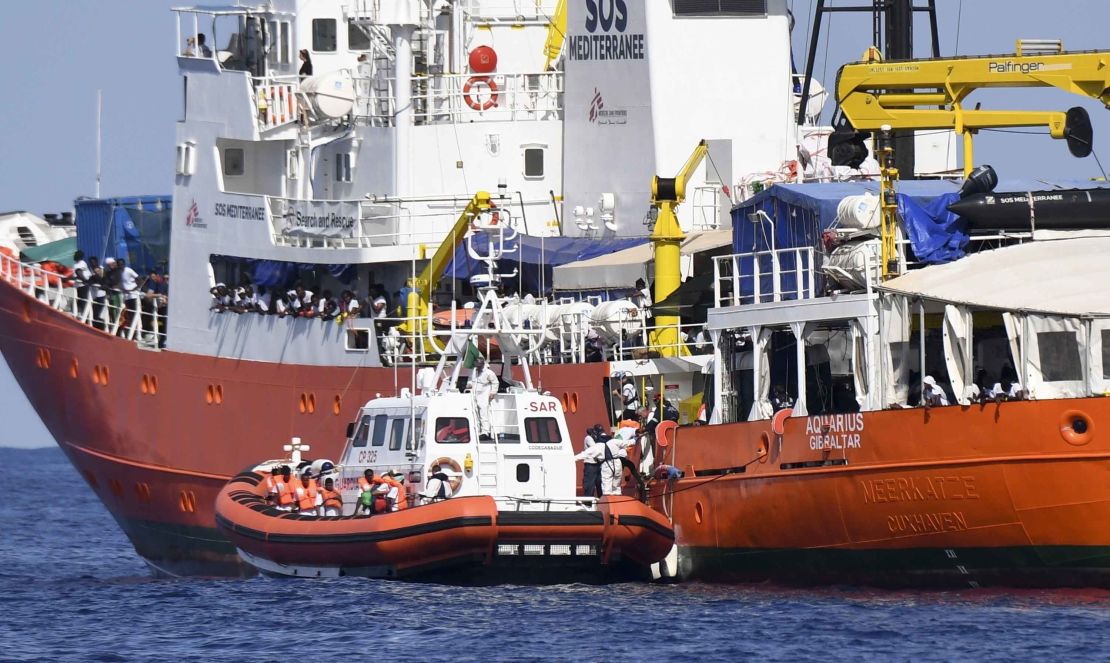 An Italian Coast Guard vessel approaches the Aquarius on Tuesday. 