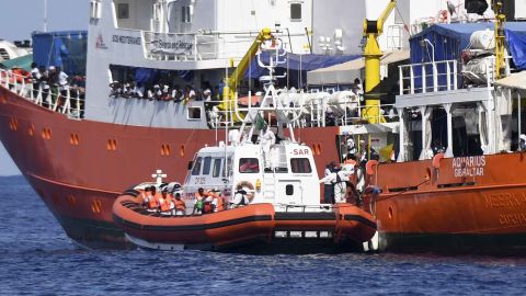 An Italian Coast Guard vessel approaches the Aquarius on Tuesday. 
