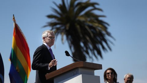 SAN FRANCISCO, CA - AUGUST 16: U.S. secretary of the Navy Ray Mabus speaks during a ship naming ceremony for the new USNS Harvey Milk on August 16, 2016 in San Francisco, California. U.S. Navy officials announced plans to name a new replenishment oiler ship after slain civil rights leader Harvey Milk. Six new ships in the class with be named after civil and human rights leaders. (Photo by Justin Sullivan/Getty Images)