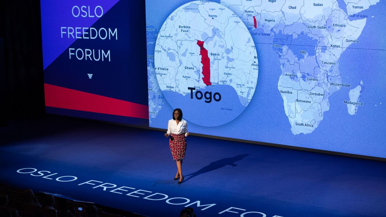 Farida Nabourema speaking at the Oslo Freedom Forum Human Rights Conference in May 2018