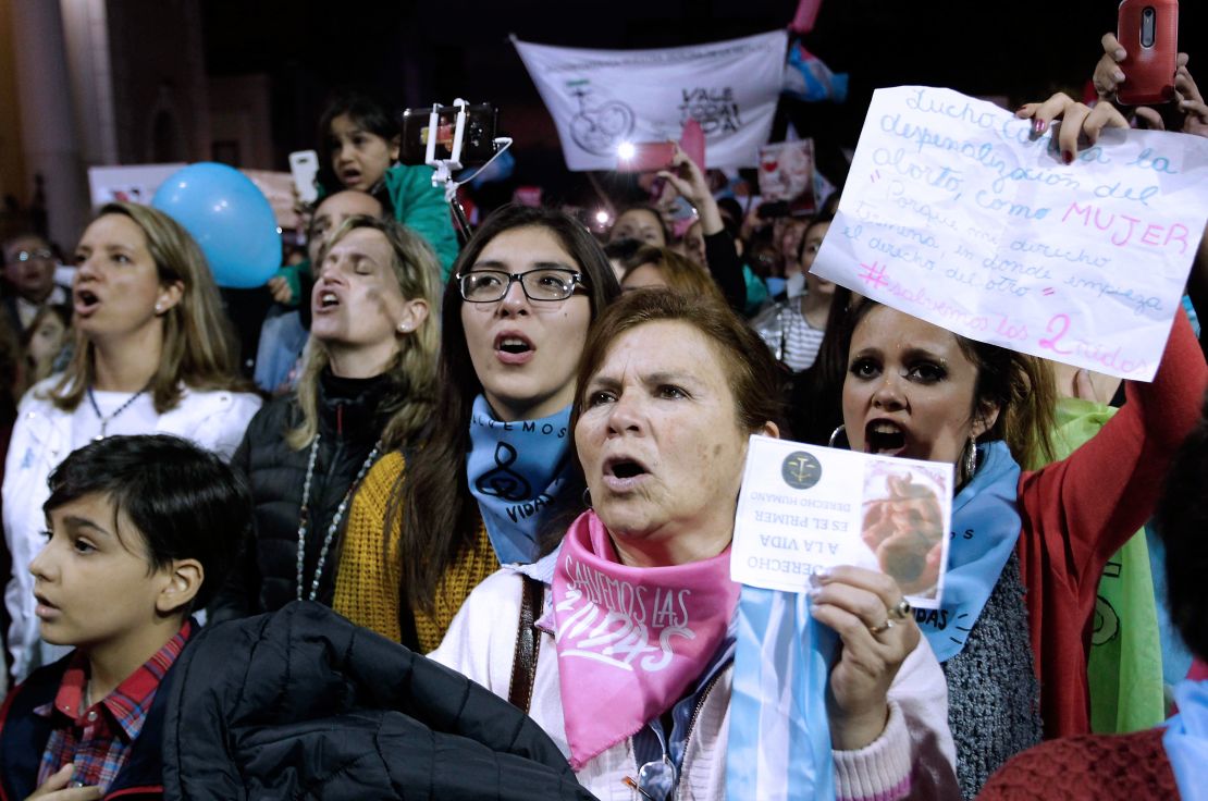 People demonstrate against the decriminalization of abortion on June 10, in front of the Cathedral of Tucuman, in northern Argentina, after marching under the slogan "Save Both Lives."