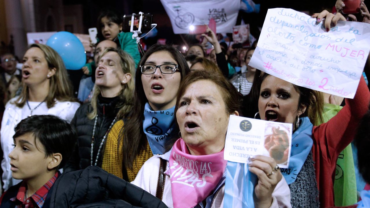 People demonstrate against the decriminalization of abortion on June 10, in front of the Cathedral of Tucuman, in northern Argentina, after marching under the slogan "Save Both Lives."