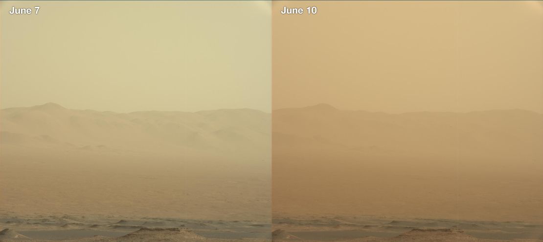 These two views from NASA's Curiosity rover -- from June 7, left, and June 10 -- show how dust has increased over three days from a major Martian dust storm.