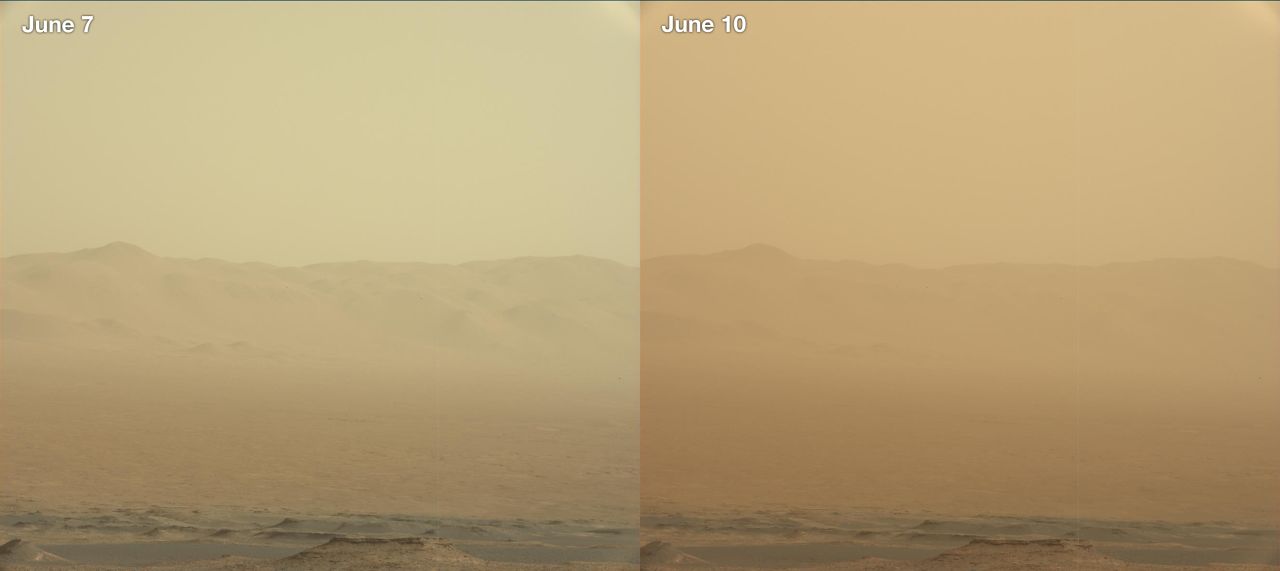 These two views from NASA's Curiosity rover -- from June 7, left, and June 10 2018 -- show how dust increased over three days from a major Martian dust storm that became planet-encircling on June 20, 2018. Opportunity was stranded in the middle of the storm and wasn't heard from afterward.