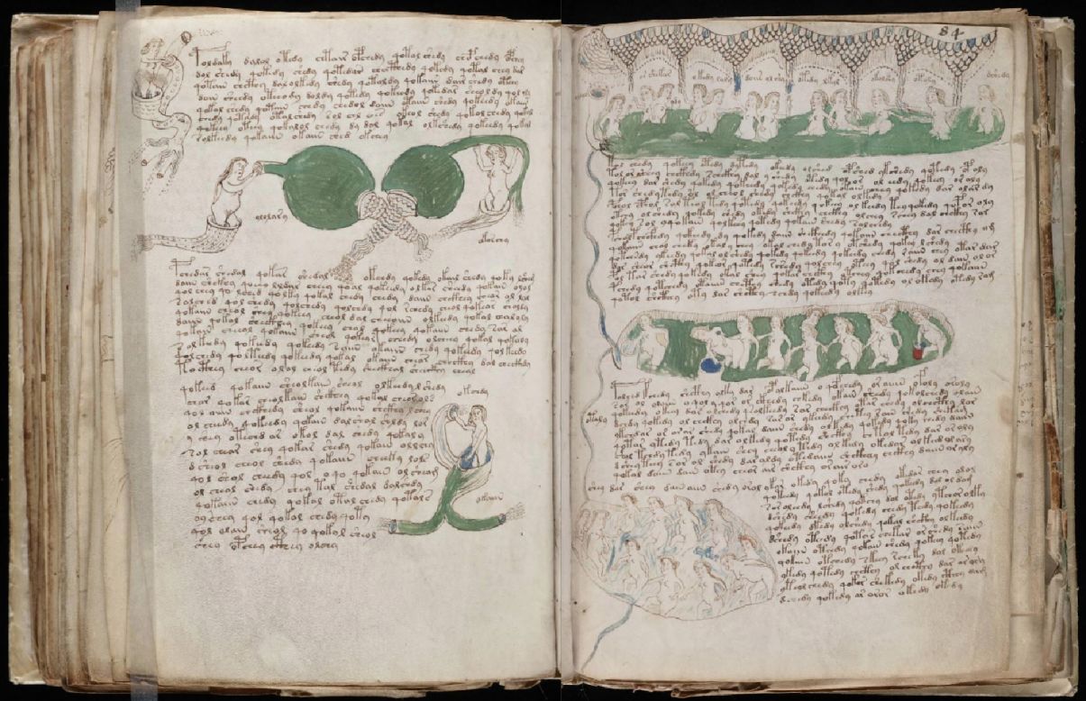 The contents of the manuscript are widely believed to be related to medicine. Illustrations include these women, apparently bathing in pools of green liquid.