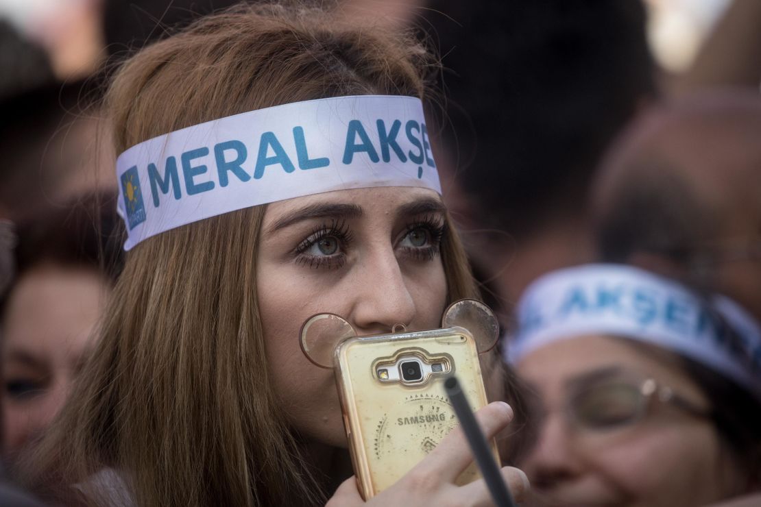 A supporter listens to Aksener speaking at a rally in Gaziantep, Turkey.