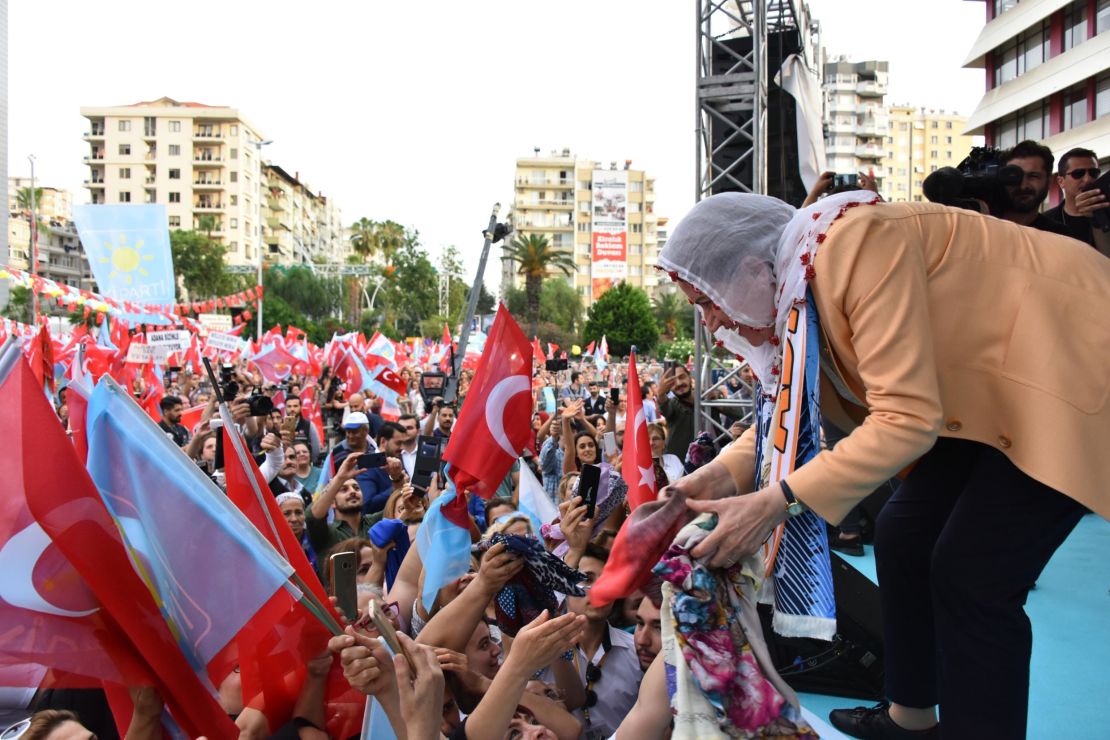 Aksener collects headscarves from women in Adana.