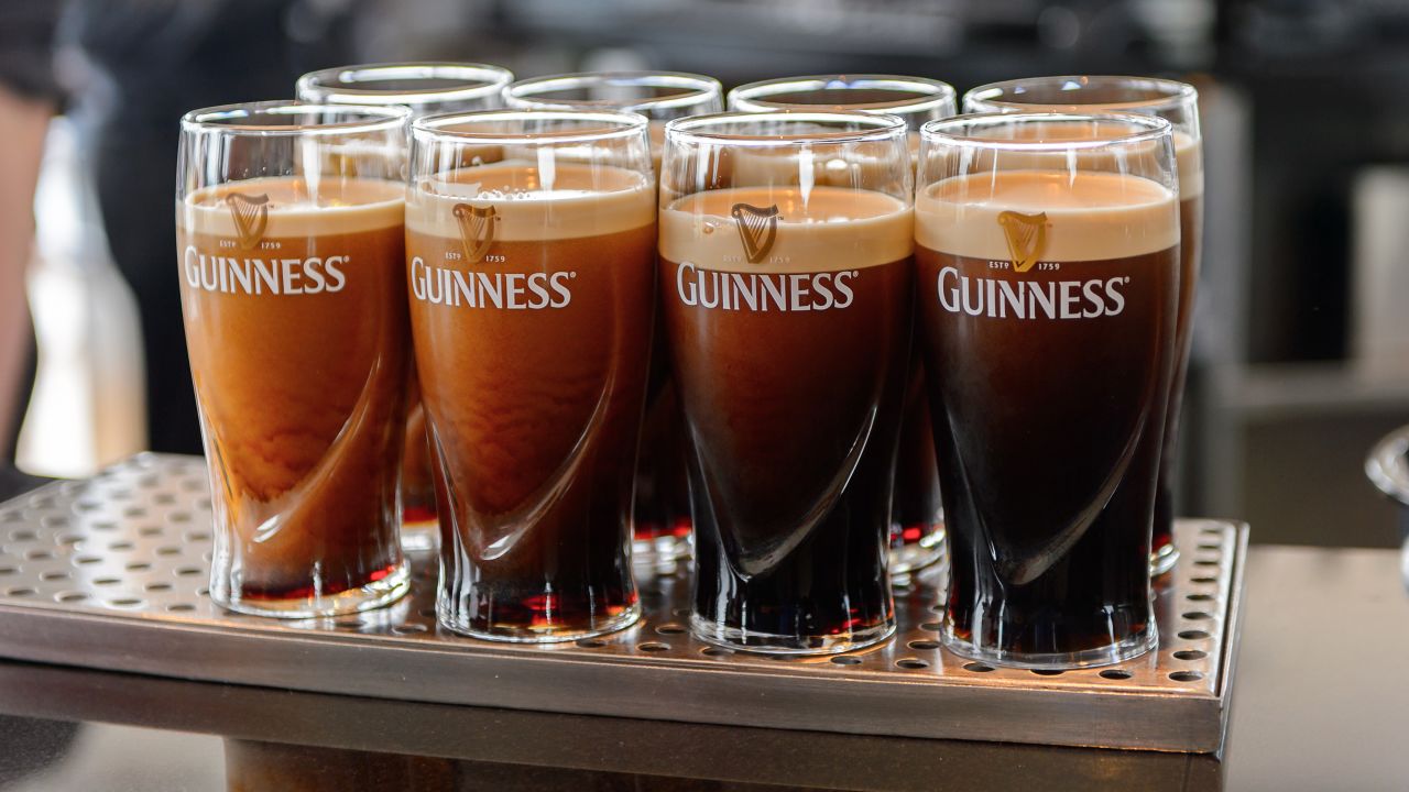<strong>Guinness Storehouse:</strong> Pints of Guinness await sampling. Guinness is an Irish dry stout that originated in the brewery of Arthur Guinness.