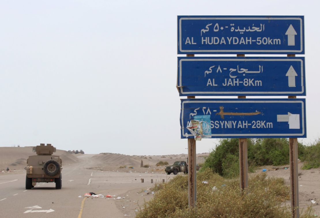 An armored vehicle of the pro-government forces on a main road in the Hodeidah province on June 2.
