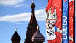 Flags with the logo and mascot of the Russia 2018 World Cup are seen in Red Square in front of the Saint Basil's Cathedral in Moscow on June 9, 2018. (Photo by FRANCK FIFE / AFP)        (Photo credit should read FRANCK FIFE/AFP/Getty Images)