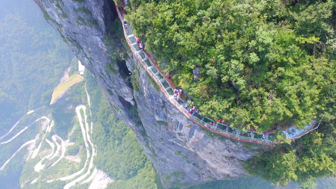 <strong>Tianmen Mountain, Hunan: </strong>Those who dare can enjoy a birds-eye view of the famous Tongtian Avenue -- otherwise known as "Bending Road" thanks to its 99 hairpin turns -- a dizzying 1,400 meters (4,600 feet) below.