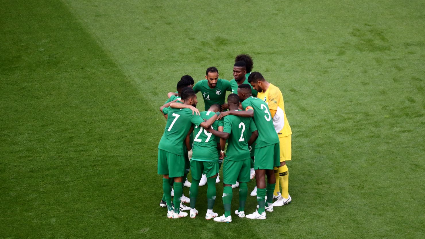 LEVERKUSEN, GERMANY - JUNE 08: The team of Saudi Arabia comes together prior to the International friendly match between Germany and Saudi Arabia at BayArena on June 8, 2018 in Leverkusen, Germany. (Photo by Christof Koepsel/Bongarts/Getty Images)