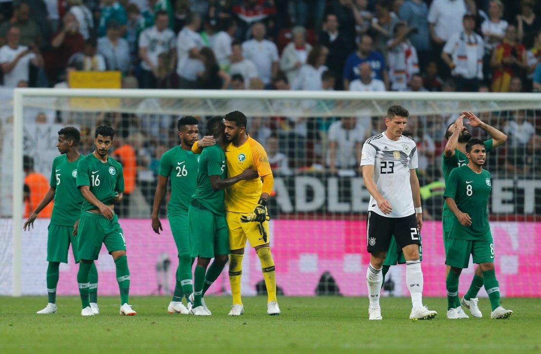 Saudi Arabia's players come together following the World Cup warm up defeat to Germany.
