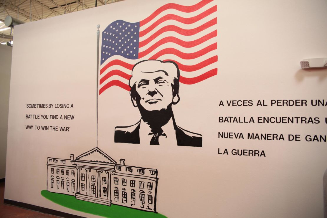A mural of President Donald Trump at the shelter.