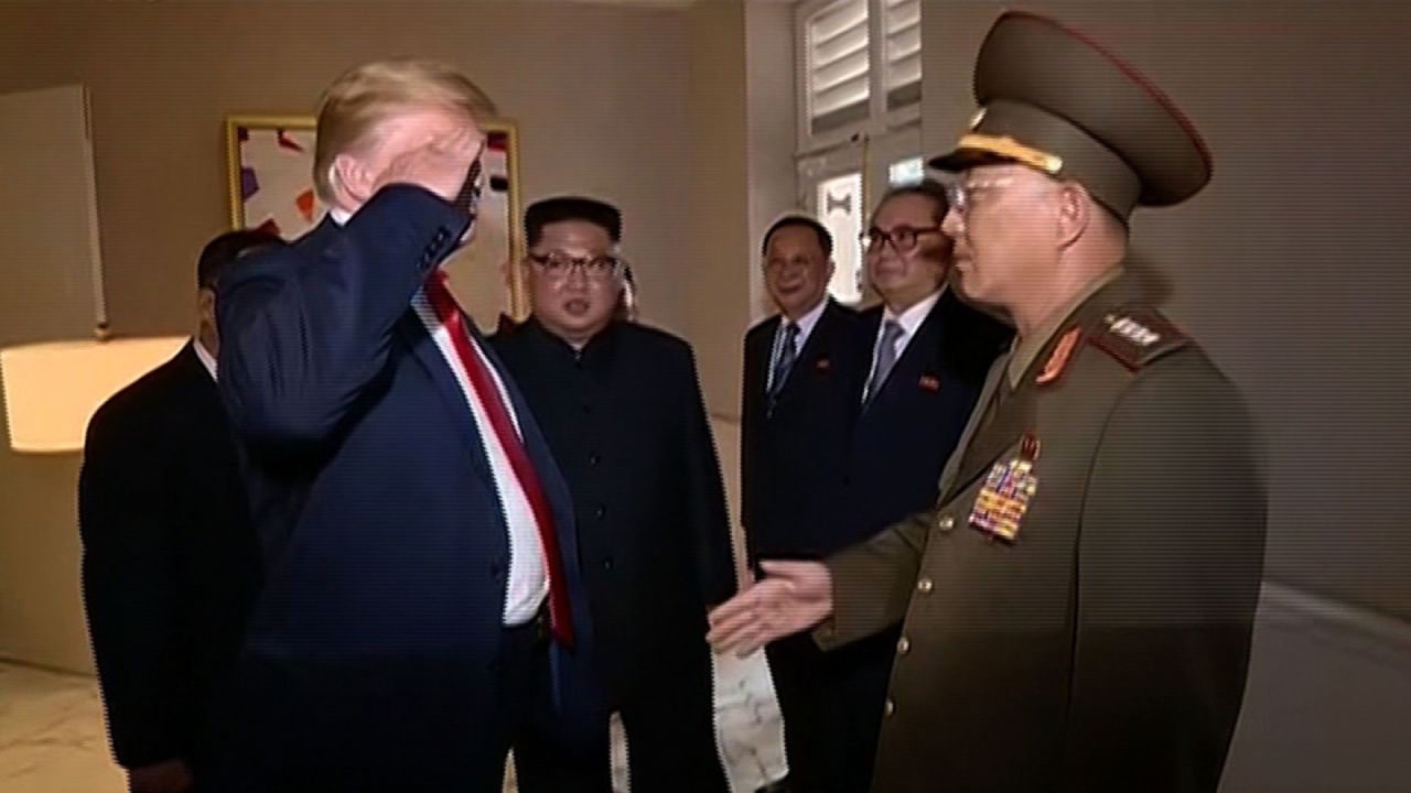 Video footage from North Korean state media shows President Trump returning a salute to a North Korean military general during his summit with Kim Jong Un in Singapore, an extraordinary display of respect from a US president to a top officer of a hostile regime.