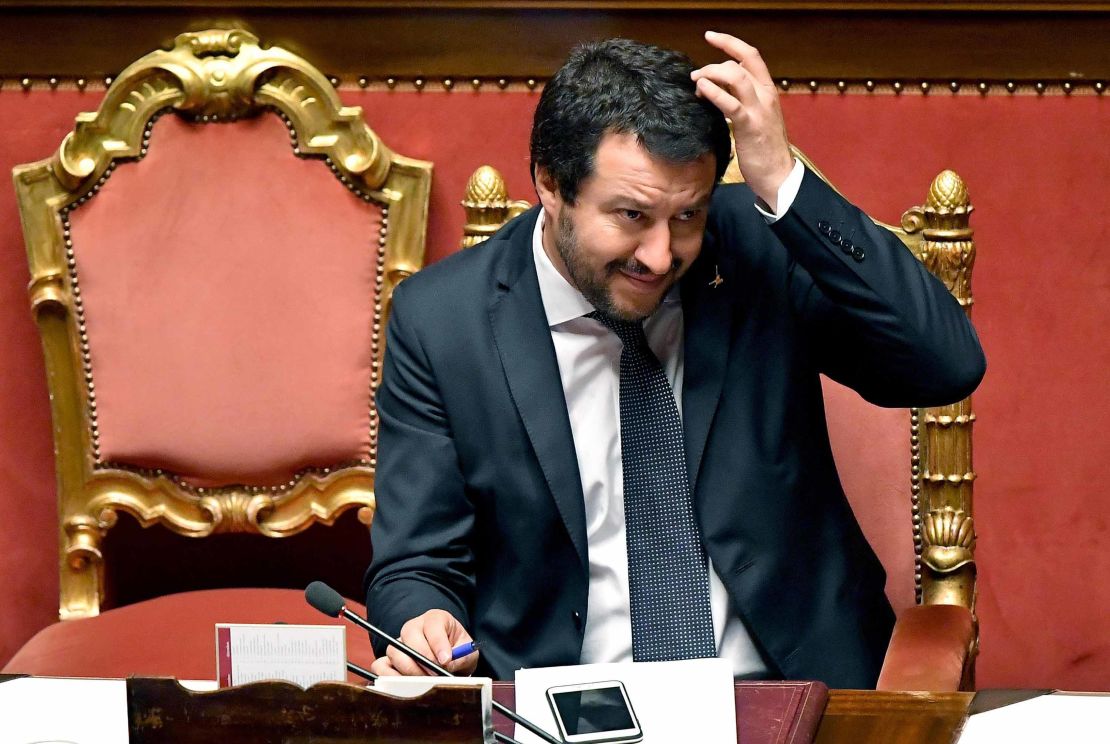 Interior Minister Matteo Salvini speaks Wednesday in the Italian Senate about the migrant ship Aquarius.