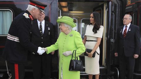 Queen Elizabeth II and the Duchess of Sussex arrive in Cheshire on Thursday.