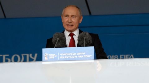 Russian President Vladimir Putin speaks to the crowd before kickoff at the Luzhniki Stadium.
