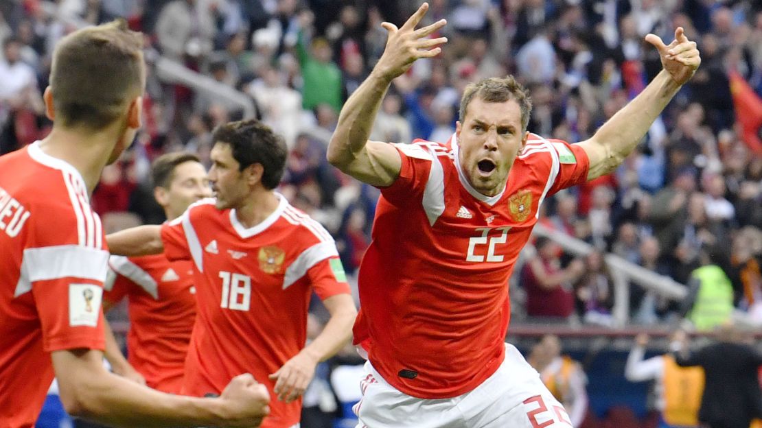 Artem Dzyuba of Russia celebrates after scoring a goal in a match against Saudi Arabia.