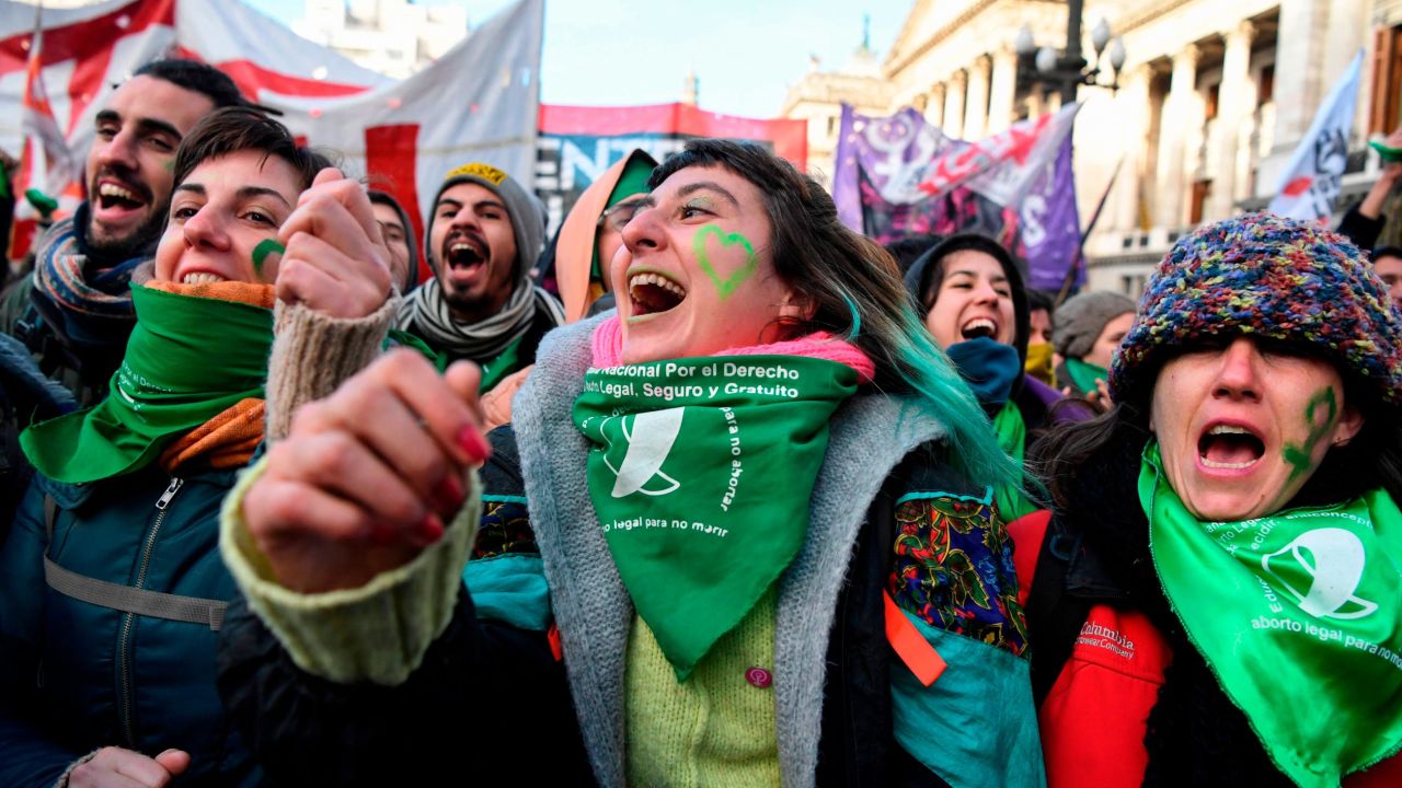 Activists outside the Argentine Congress before the vote on Thursday.