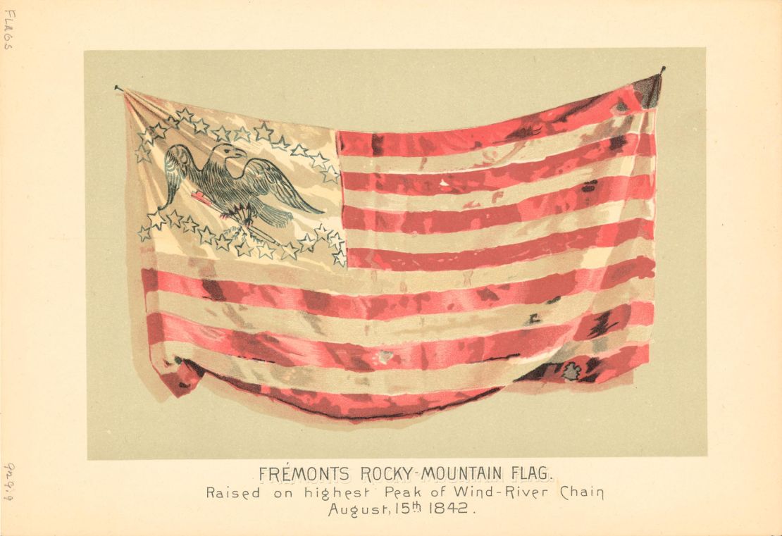 Color illustration of Fremont's Rocky Mountain Flag, raised by officer and explorer John C. Fremont on the highest peak of the Wind River Chain.