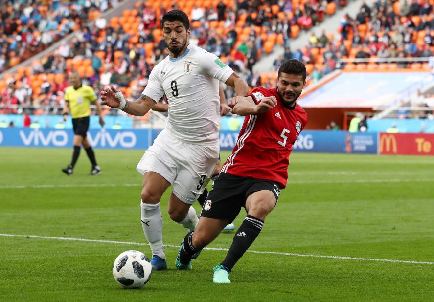 Uruguay's Luis Suarez, left, and Egypt's Sam Morsy battle for the ball on June 15. Uruguay won 1-0.
