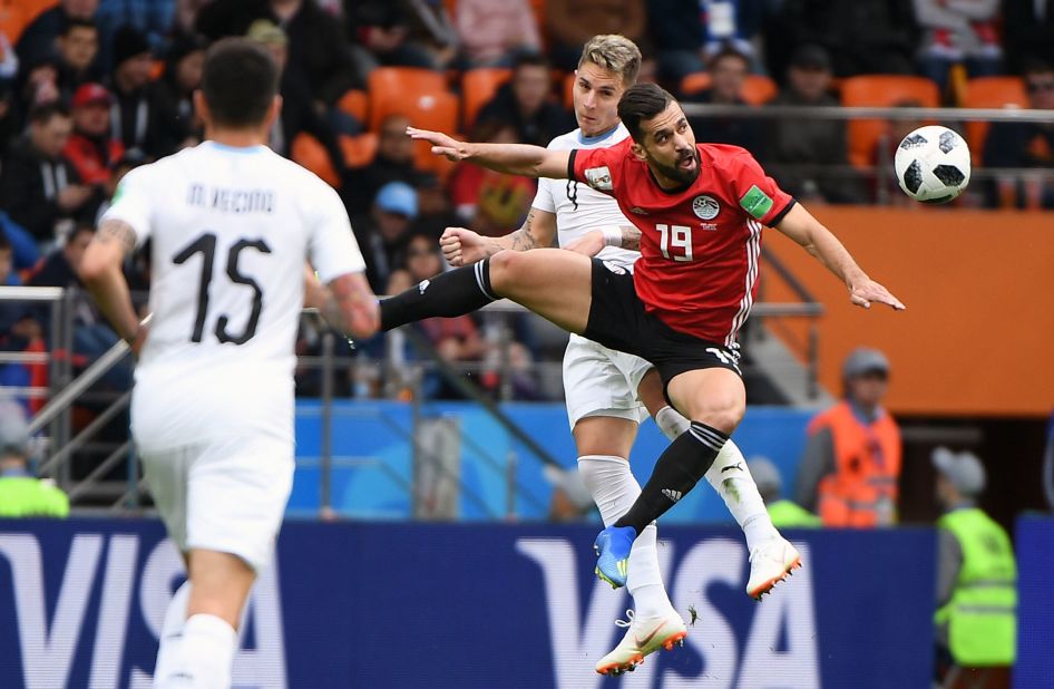 Egyptian midfielder Abdallah Said heads the ball during the match against Uruguay.