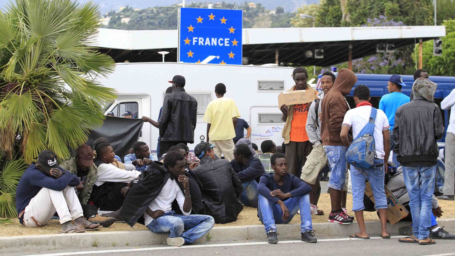 Migrants waiting at the border between Italy and France in the city of Ventimiglia, Italy, in June 2015. 