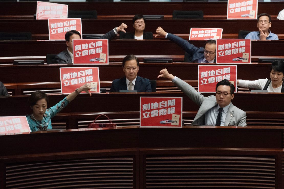 Pro democracy lawmakers react after the Hong Kong Legislative council passed the Guangzhou-Shenzhen-Hong Kong Express Rail Link (Co-location) Bill on June 14.