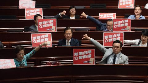 Pro democracy lawmakers react after the Hong Kong Legislative council passed the Guangzhou-Shenzhen-Hong Kong Express Rail Link (Co-location) Bill on June 14.