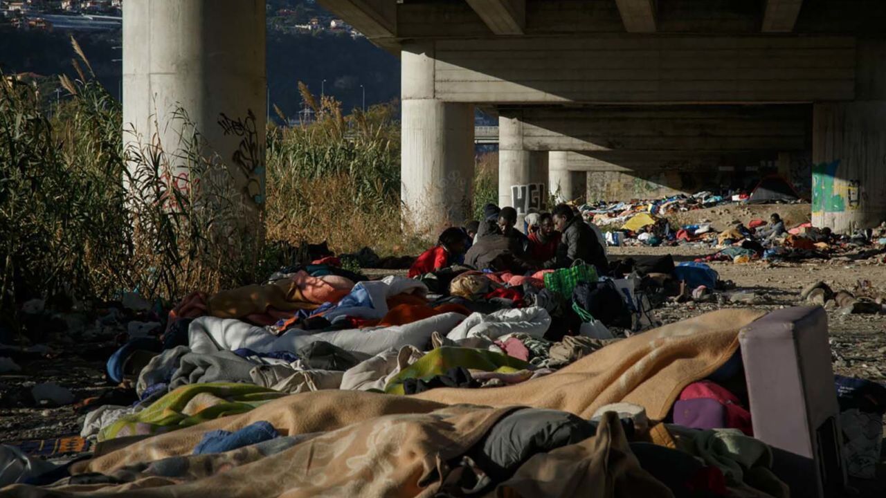 An informal camp set up by migrants under a flyover in Ventimiglia.