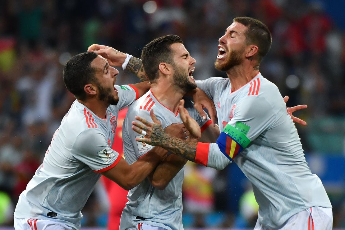 Spain's defender Nacho celebrates what looked to be the winner.