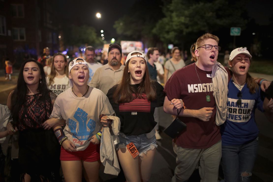 Students from Marjory Stoneman Douglas High School joined an anti-violence rally  in Chicago on Friday.