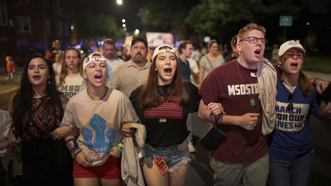 CHICAGO, IL - JUNE 15:  Students from Marjory Stoneman Douglas High School participate in an end of school year peace march and rally on June 15, 2018 in Chicago, Illinois. Chicago natives Jennifer Hudson and Chance the Rapper along with former Rep. Gabrielle Giffords were guests at the rally.  (Photo by Scott Olson/Getty Images)