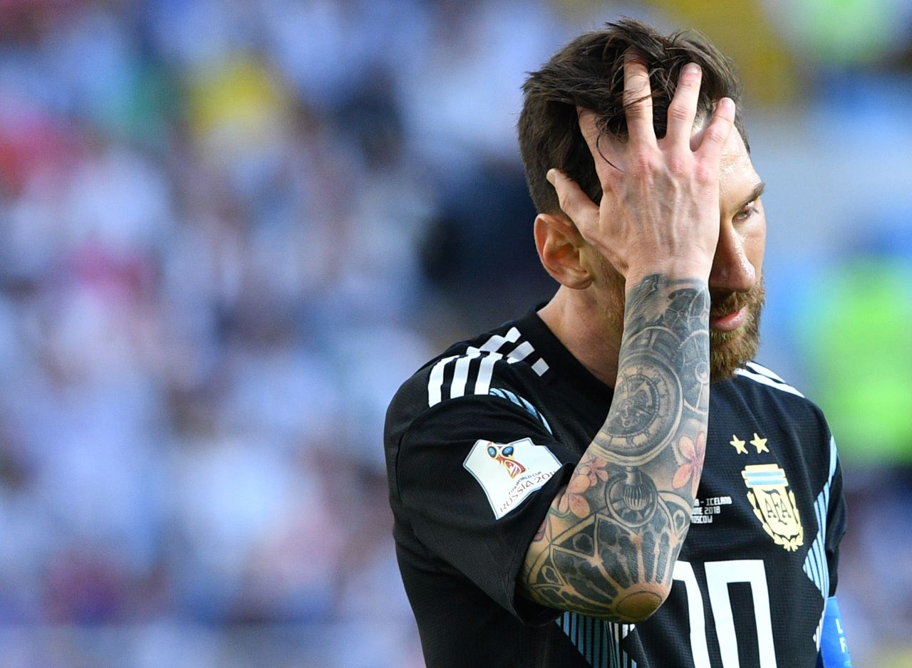 Argentina star Lionel Messi appears downcast at the end of a 1-1 draw with Iceland on June 16. Messi missed a penalty in the match.